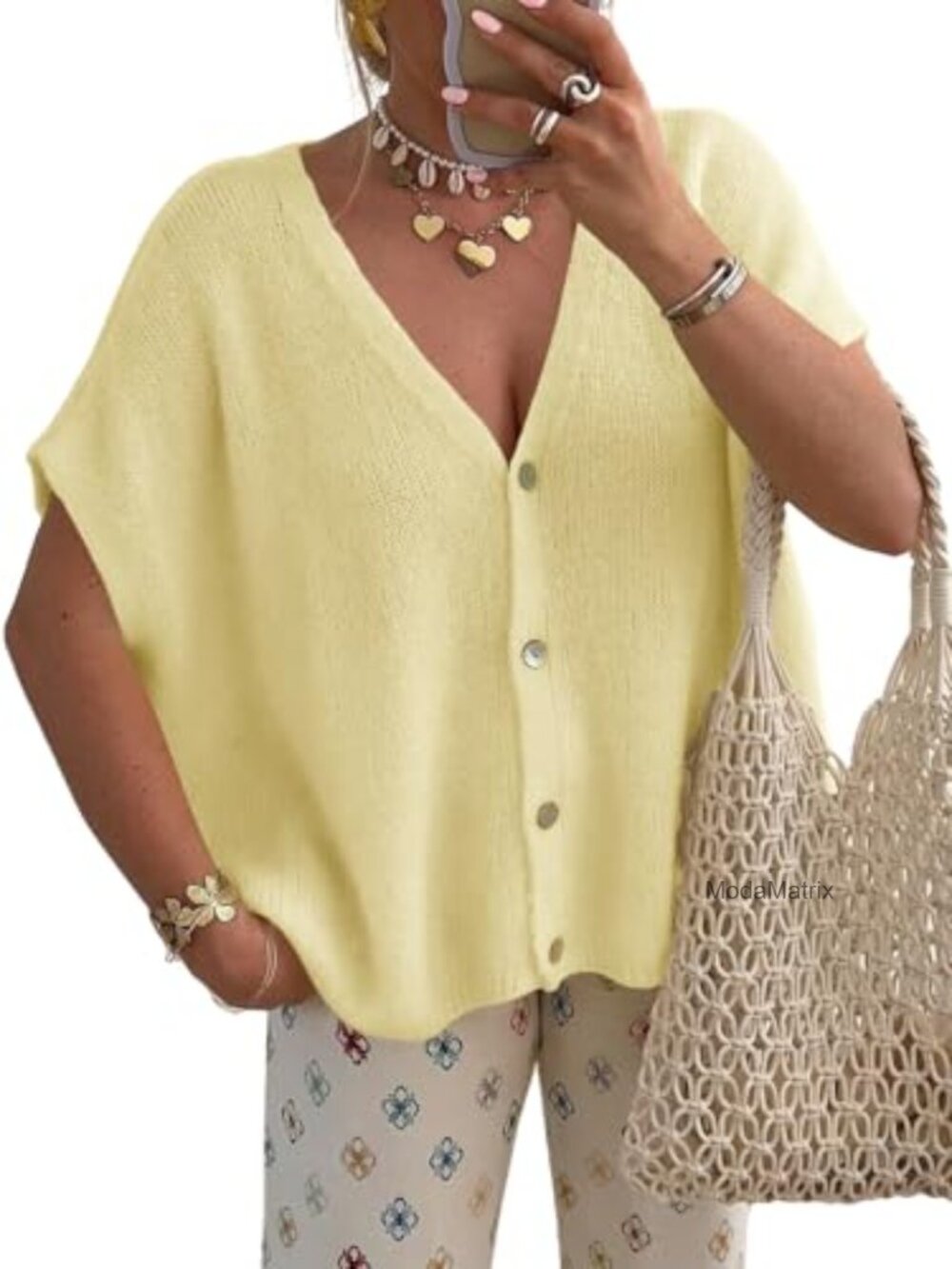 Womens Oversized Cardigan Sweater V-Neck Button Down Short Sleeve Lightweight